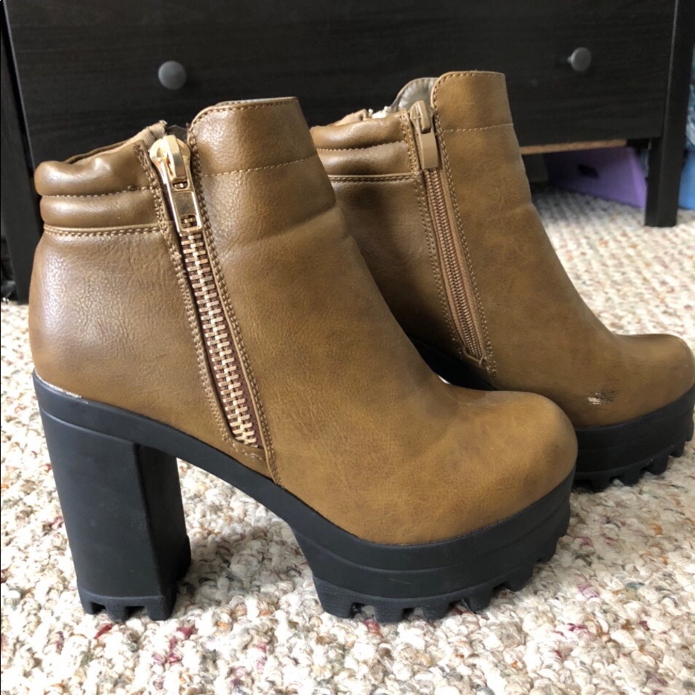Tan platform zip up booties
